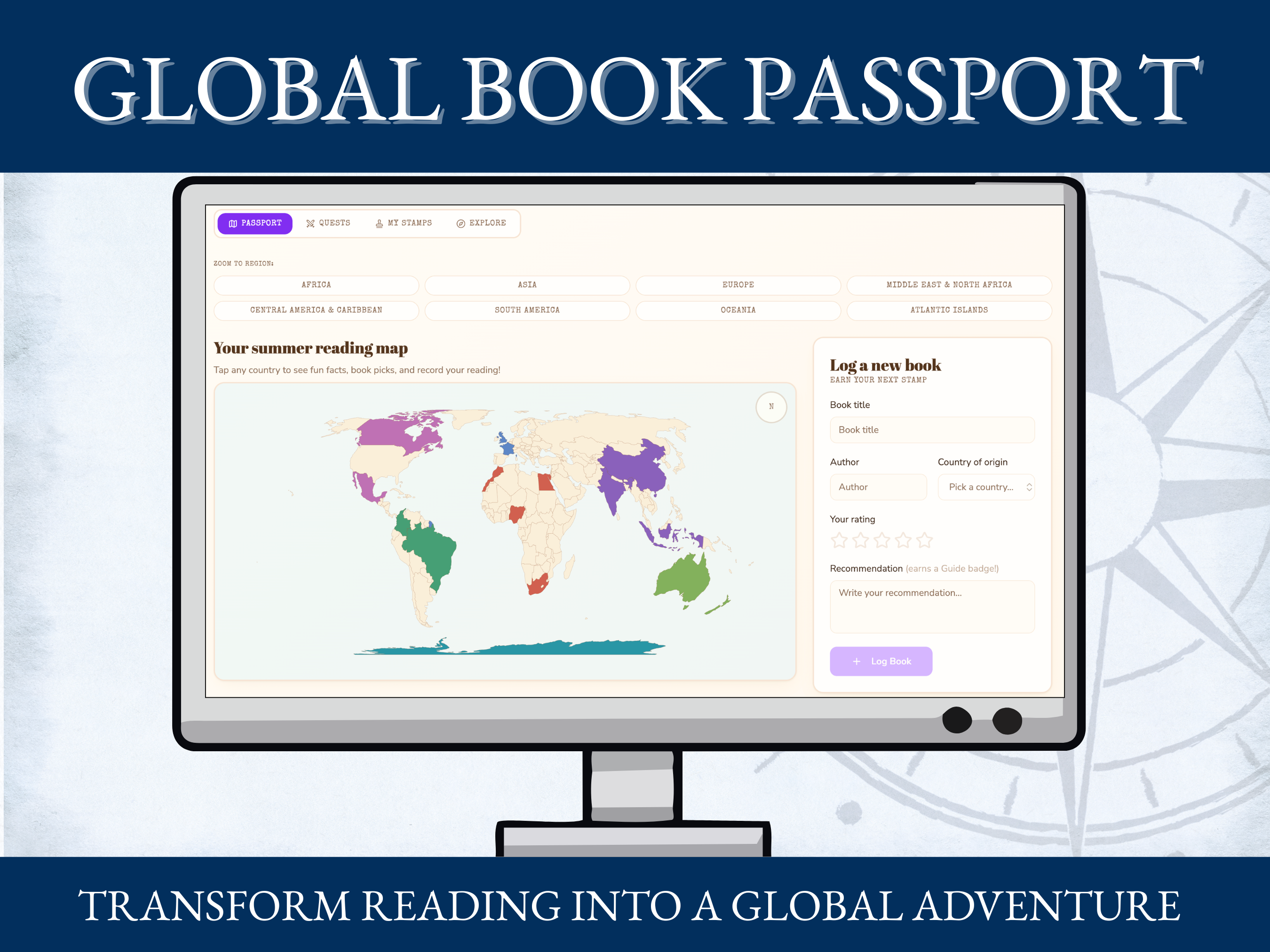 Global Book Passport app showing a world map and a place to log a new book